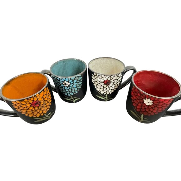 Set Of 4 Gibson Home Black Floral Ceramic Mugs With Multicolor Interiors Dishwas - Picture 2 of 11